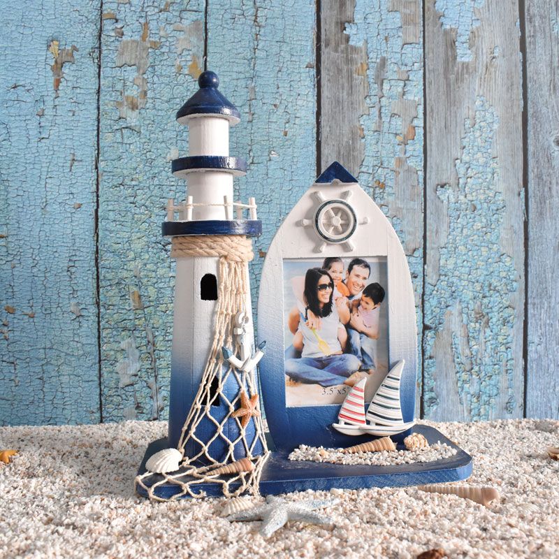 Mediterranean-style Wooden Lighthouse Photo Frame Tabletop Decoration, Creative Nordic Retro Ornament