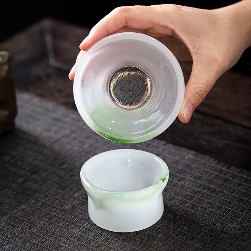 Colored glaze jade porcelain tea set, Gongfu style, high-end, for home use, white jade glazed covered bowl, tea cups, tea pots, office gift box