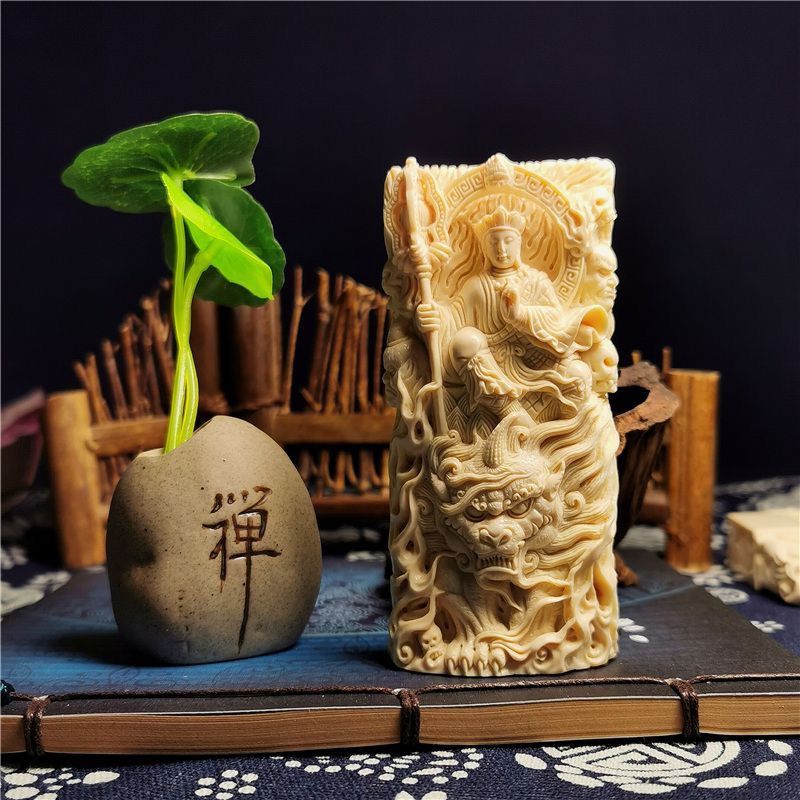 Mammoth Ivory Pendant/Plaque/Ornament of Ksitigarbha Bodhisattva (Made of Ice Material/Jelly Material) - Unisex Style for Gifting, Carving & Collection