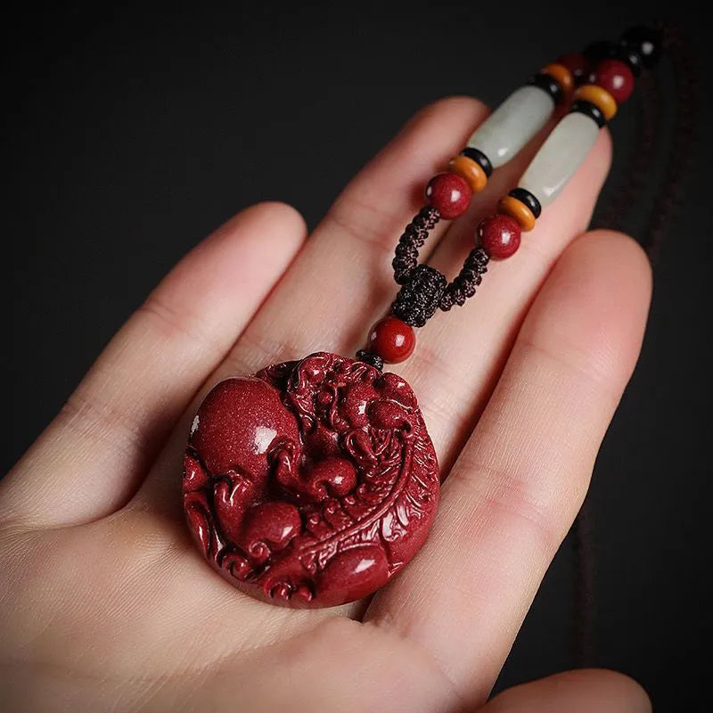 Fortune - enhancing and Wealth - attracting Cinnabar Pixiu Pendant. The responsive Pixiu hanging ornament is a lucky - turning accessory suitable for both men and women, made of purple cinnabar.