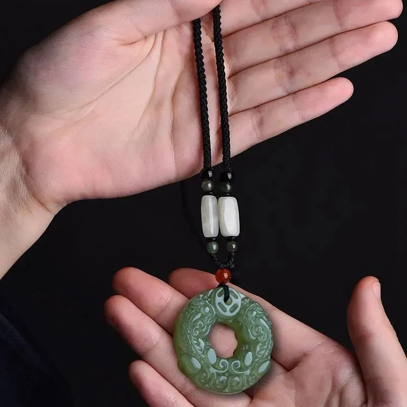 Double-Sided Jade Pixiu Pendant Wealth & Peace Buckle Necklace Unisex Vintage Long Pendant Couple Necklace with Adjustable Elastic Rope