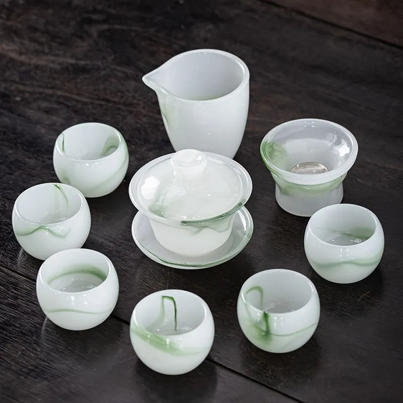 Colored glaze jade porcelain tea set, Gongfu style, high-end, for home use, white jade glazed covered bowl, tea cups, tea pots, office gift box
