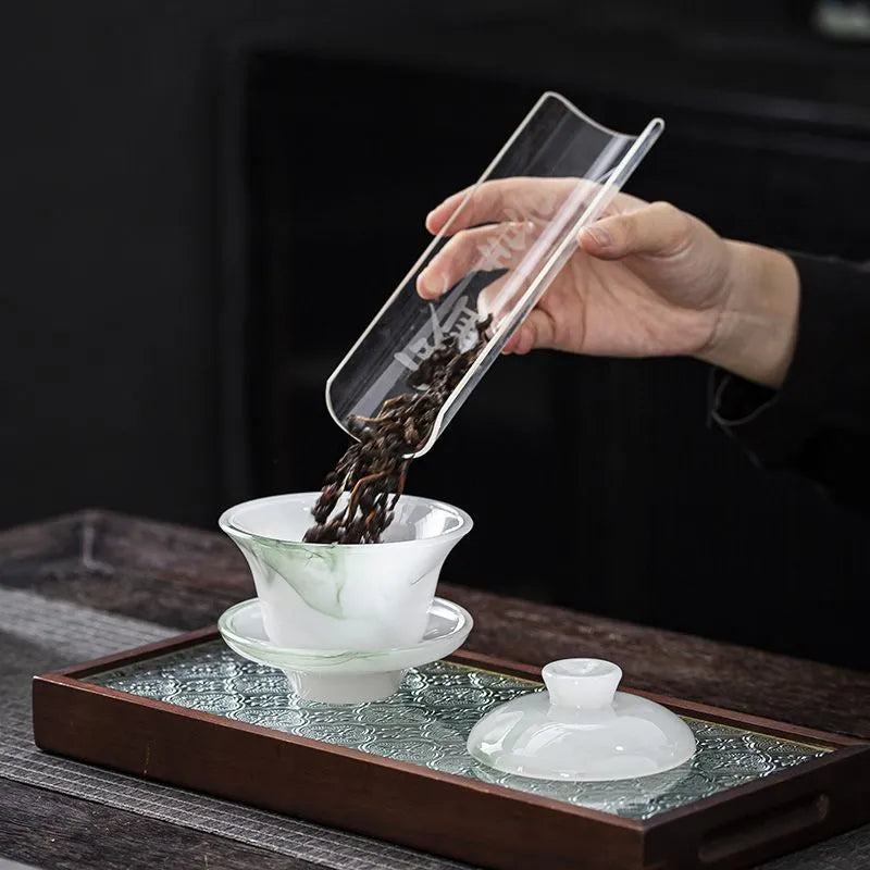 Colored glaze jade porcelain tea set, Gongfu style, high-end, for home use, white jade glazed covered bowl, tea cups, tea pots, office gift box