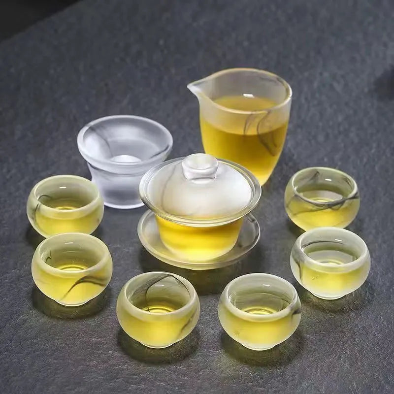 High-end light luxury jade porcelain ink wash glass tea set, kung fu tea cups, office white jade, household and gift-giving covered bowl