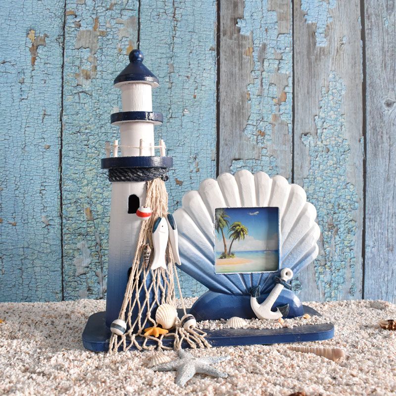 Mediterranean-style Wooden Lighthouse Photo Frame Tabletop Decoration, Creative Nordic Retro Ornament