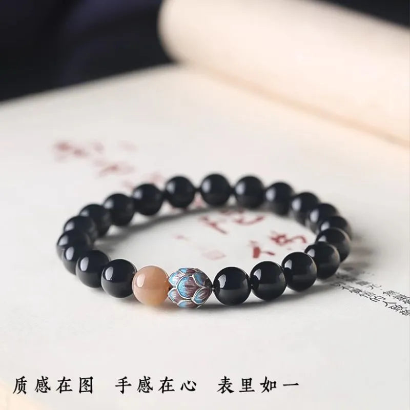 Natural Obsidian Meditation Bracelet, Lotus Beaded Bracelet, Buddhist Beads, Beads Stringing Ornaments, Gifts, Hand Accessories for Men and Women