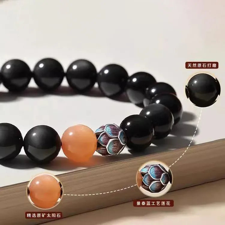 Natural Obsidian Meditation Bracelet, Lotus Beaded Bracelet, Buddhist Beads, Beads Stringing Ornaments, Gifts, Hand Accessories for Men and Women