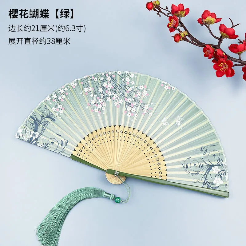 Women’s Portable Green Folding Fan - Traditional Chinese-style, Mini Size for Hanfu/Qipao, Ancient-style Summer Fan