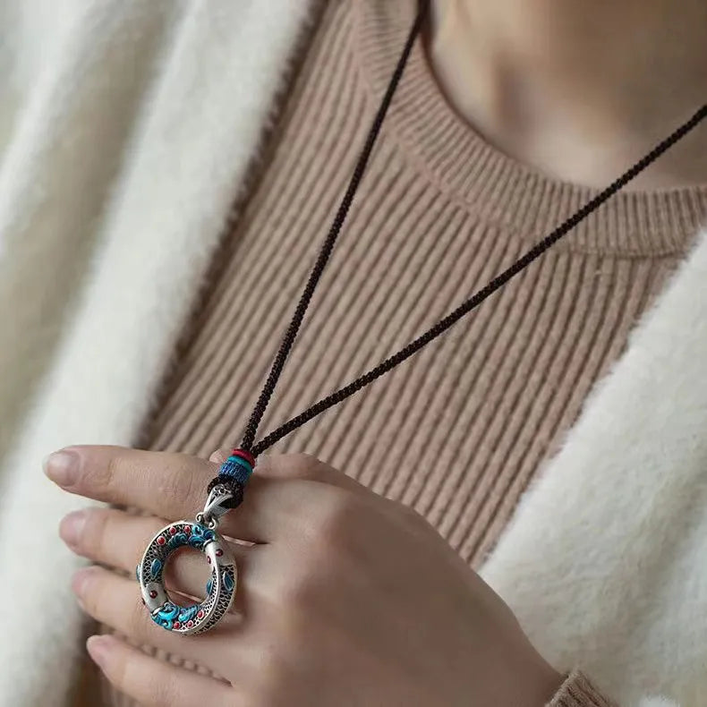 S925 Sterling Silver Cloisonné Koi Fish Peace Buckle Pendant Necklace - Retro Chinese Guochao Style, Lucky Attracting Jewelry Gift for Women