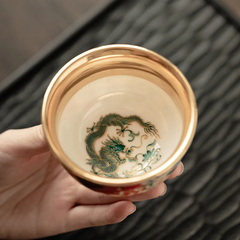 Cultural and Creative Enamel Gilded Tea Cups - Premium Dragon & Phoenix Pair, Ceramic Master Cups, Gift Box Set