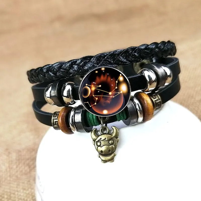 "Luminous Constellation & Zodiac" 12-Star Sign Couple Bracelets - Braided Retro Style for Unisex
