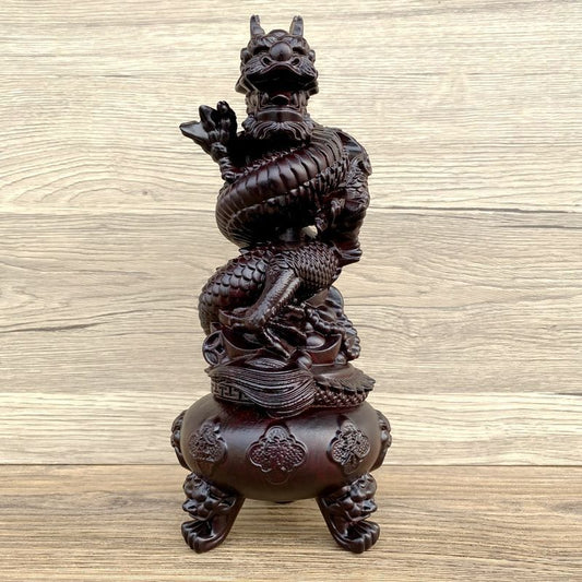 The Ebony Wood Carving Dragon Coiling around the Chinese Dragon Head and Censer Ornament with Treasure Basin, a Wooden Decoration for the Living Room.