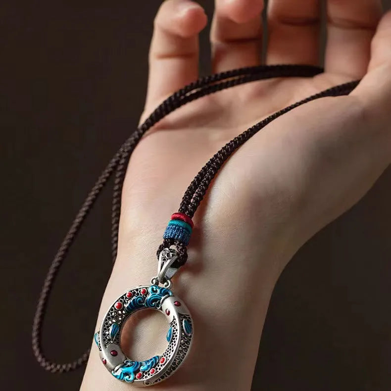 S925 Sterling Silver Cloisonné Koi Fish Peace Buckle Pendant Necklace - Retro Chinese Guochao Style, Lucky Attracting Jewelry Gift for Women