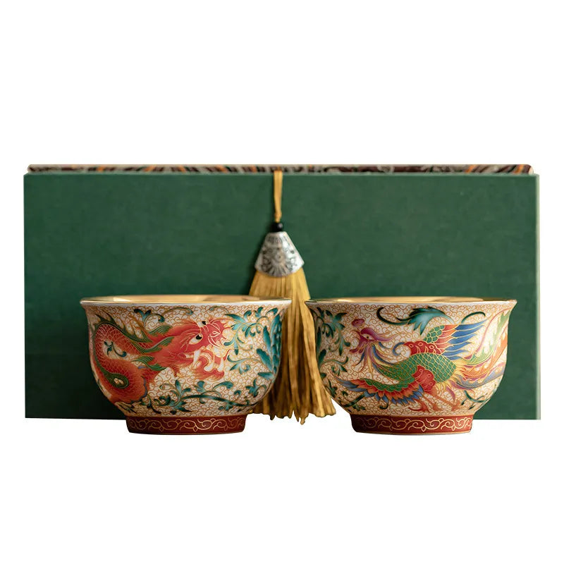 Cultural and Creative Enamel Gilded Tea Cups - Premium Dragon & Phoenix Pair, Ceramic Master Cups, Gift Box Set