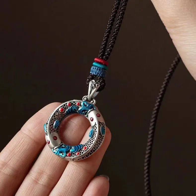 S925 Sterling Silver Cloisonné Koi Fish Peace Buckle Pendant Necklace - Retro Chinese Guochao Style, Lucky Attracting Jewelry Gift for Women