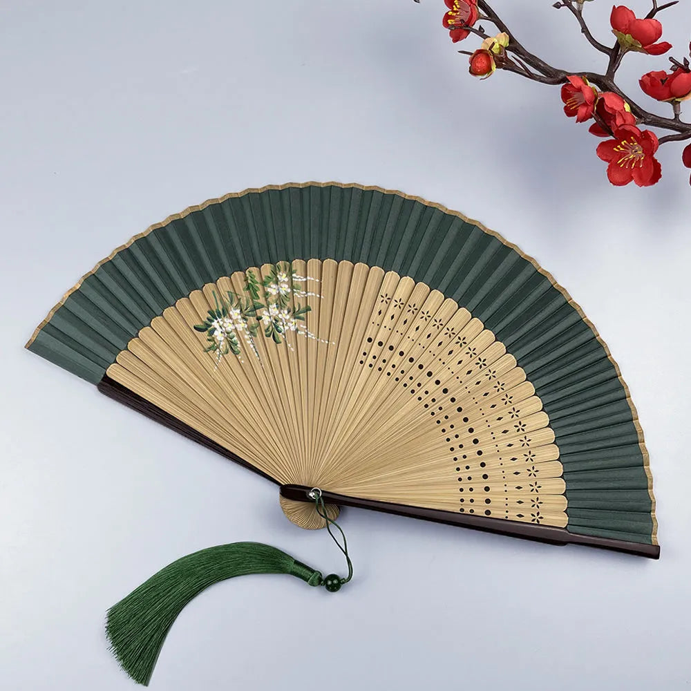 Women’s Portable Green Folding Fan - Traditional Chinese-style, Mini Size for Hanfu/Qipao, Ancient-style Summer Fan