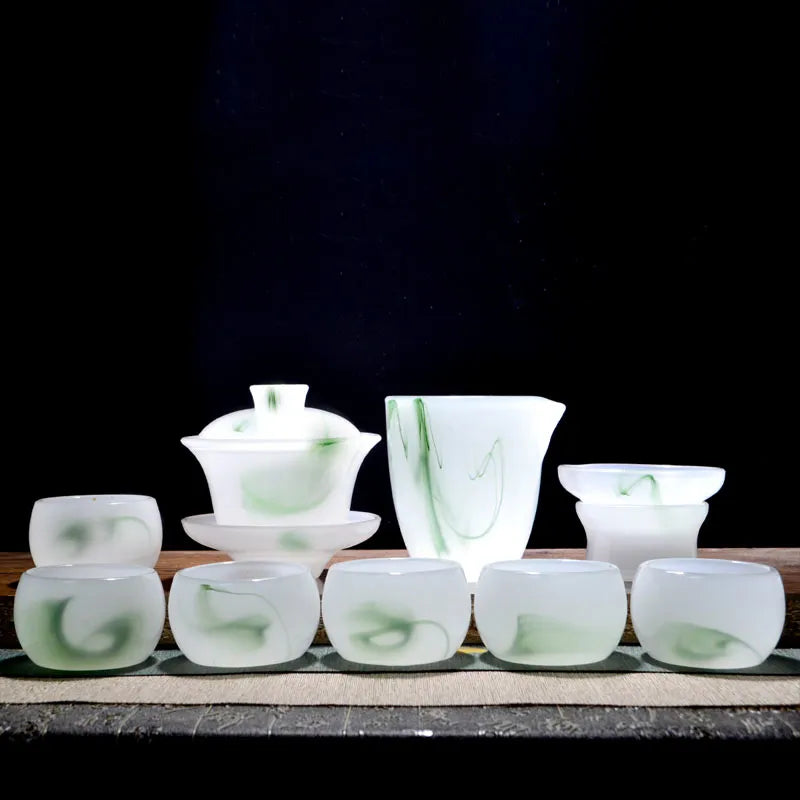 Light luxury high-end loure kung fu tea set, suitable for household, living room, office meeting and gift-giving, with jade porcelain tea cups and gift box