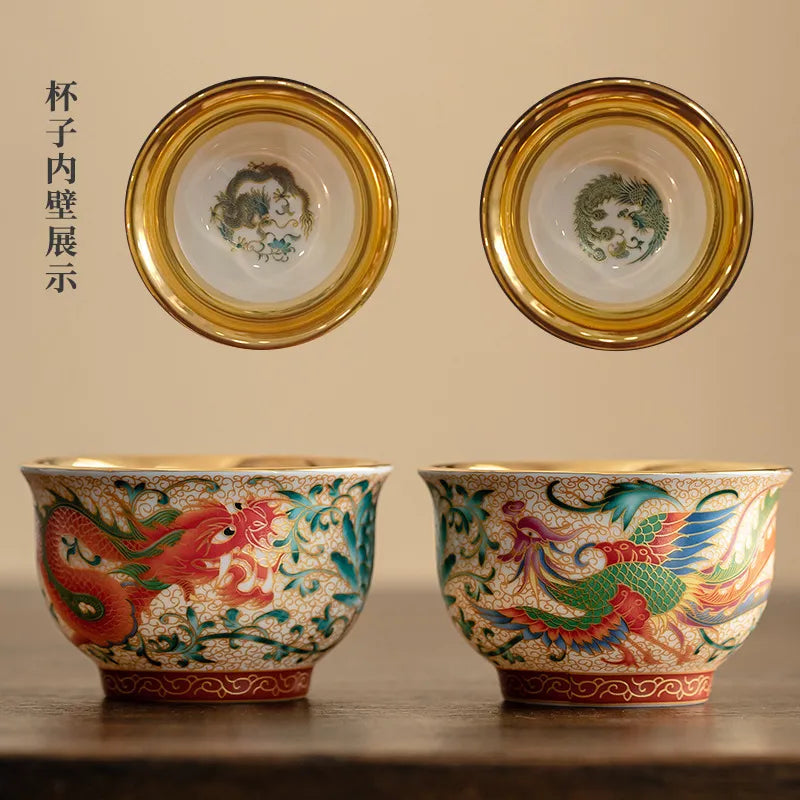 Cultural and Creative Enamel Gilded Tea Cups - Premium Dragon & Phoenix Pair, Ceramic Master Cups, Gift Box Set