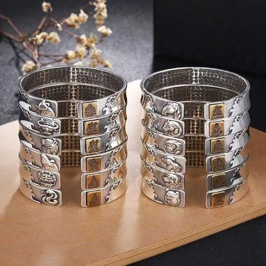 New Arrival Auspicious Chinese Zodiac Bracelet - 12 Signs Sterling Silver, Zodiac Year Unisex Vintage Couple Design