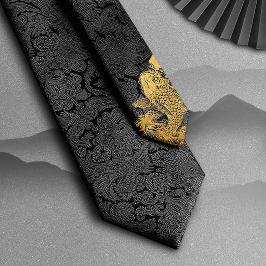Premium Black Tie with Lucky Koi Fish - Zippered No-Tie Design, Ideal for Grooms, Men's Formal/Business Attire, Engagement Wedding Gift