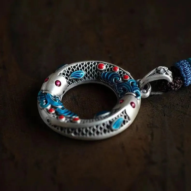 S925 Sterling Silver Cloisonné Koi Fish Peace Buckle Pendant Necklace - Retro Chinese Guochao Style, Lucky Attracting Jewelry Gift for Women