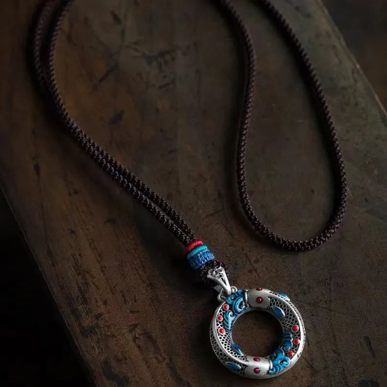 S925 Sterling Silver Cloisonné Koi Fish Peace Buckle Pendant Necklace - Retro Chinese Guochao Style, Lucky Attracting Jewelry Gift for Women